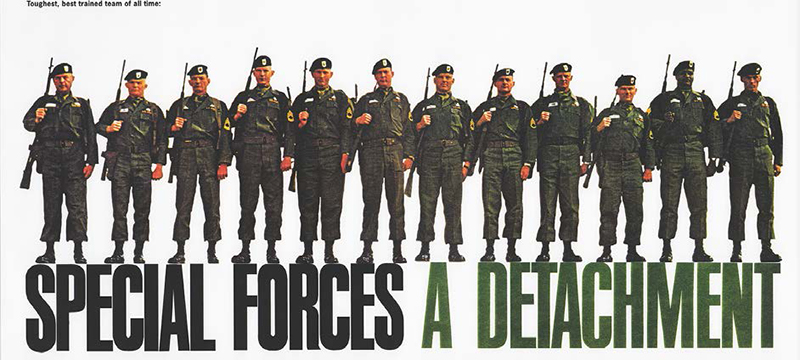 Image depicts a 1960s recruiting poster highlights the 12-solider Operational Detachment-Alpha (ODA).