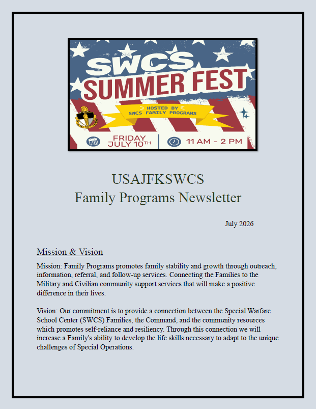 USAJFKSWCS Family Programs Newsletter July 2026